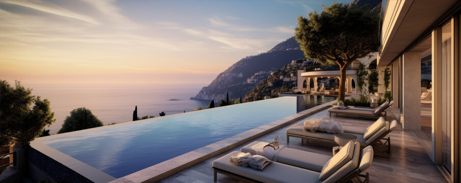 Luxury vila nestled along side of sea moutains with fresh green trees.