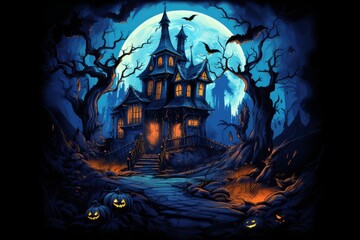 graphic t-shirt design style halloween haunted house. pumpkin heads. blue background.  - obrazy, fototapety, plakaty