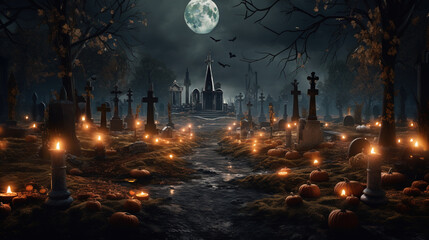 Photo of A graveyard adorned with flickering candles pays tribute to the dearly departed on All Hallows' Eve, halloween