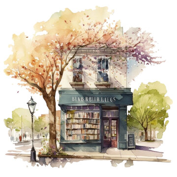 Naklejka Bookstore building with a blooming tree, spring street watercolor illustration isolated with a transparent background, city architecture design created with Generative AI