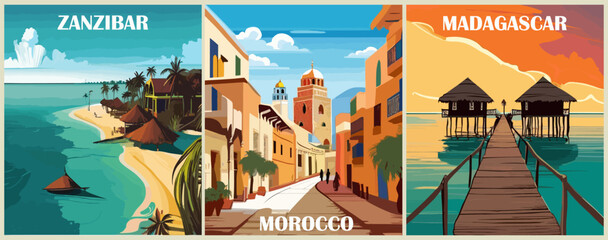 Fototapeta Set of Travel Destination Posters in retro style. Morocco, Madagascar, Zanzibar Africa prints. Exotic summer vacation, tropical holidays concept. Vintage vector colorful illustrations. obraz