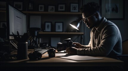 An individual with dark skin engaged in focused work at their desk