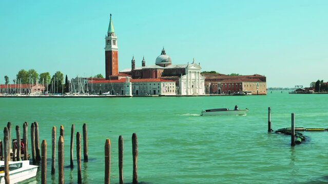View from Riva degli Schiavoni on San Giorgio Maggiore, basilica in the classical Renaissance style, opposite the Piazzetta di San Marco in Venice, Italy.