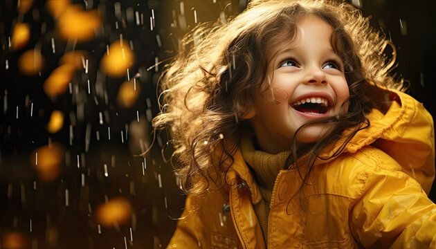 Cute little girl in a yellow raincoat with a transparent umbrella playing in the rain