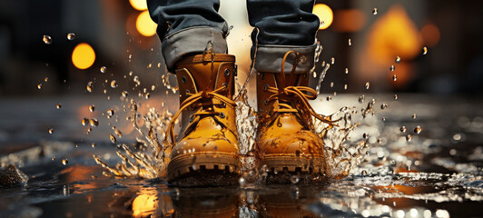 Feet of child in yellow rubber boots jumping over puddle in rain, photography, photorealistic - obrazy, fototapety, plakaty