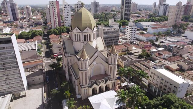 Araraquara, S&atilde;o Paulo, Brazil, circa July 2023: Araraquara seen from above, Basilica S&atilde;o Bento, aerial image.