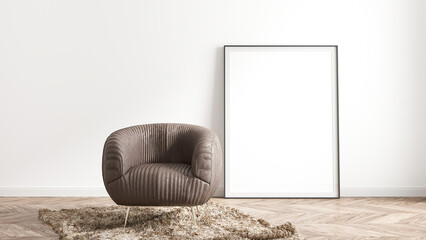 White room apartment, wooden parquet floor, round brown leather armchair on the brown carpet empty mockup poster photo frame. Sunlight from the window minimal interior design simple modern. 3Drender