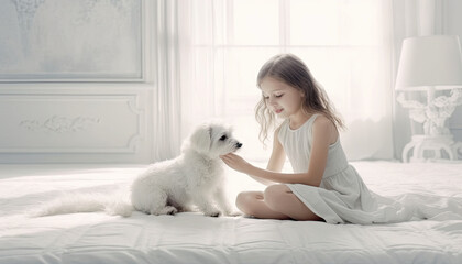 cute little girl playing happily with the dog in her bedroom
