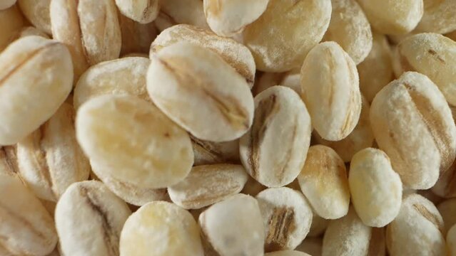 Barley without hulls: Smooth, polished grains free from outer husks. Ideal for easy cooking and enriched nutrition. Probe lens reveals refined texture. Cereals concept. Barley Seeds background. 4K
