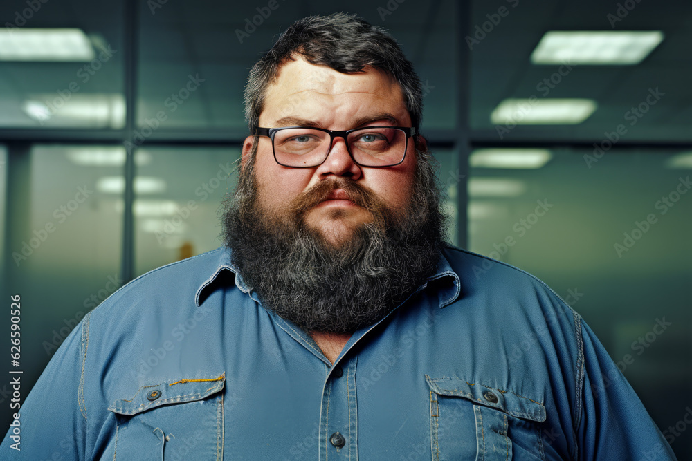 Sticker Man with beard and glasses standing in front of glass wall.