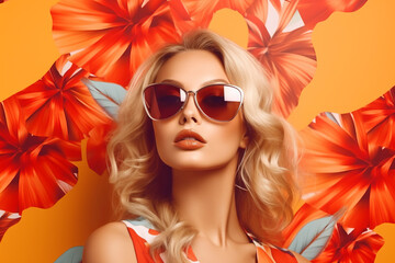 Mannequin wearing sunglasses and dress with flowers in the background.