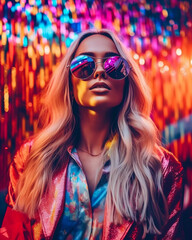 Woman with long blonde hair wearing sunglasses and red jacket with colorful lights in the background.