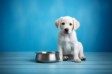 Cute white Labrador puppy sits on blue wooden floor beside bowl waiting for food. By Generative AI.