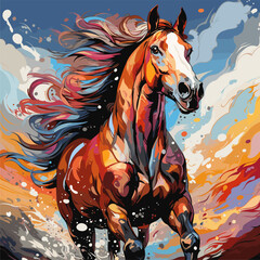 Painting of horse running in the water with blue sky in the background.