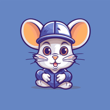 Cartoon mouse wearing baseball cap and reading book with blue background.