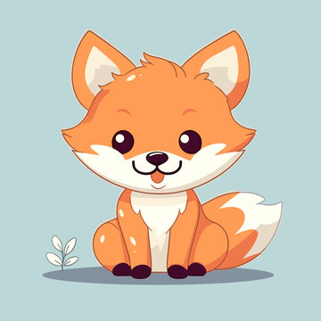 Cartoon fox sitting on the ground with plant in front of it.