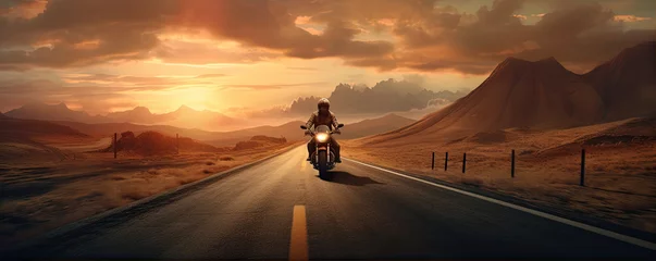 Foto op Plexiglas Driver riding motocycle on empty road in sunset light.  Panorama photo. © amazingfotommm