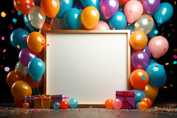 Serene birthday celebration scene with a pastel-colored blank frame floating amongst balloons and delightful party chaos