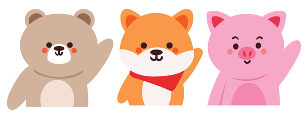 hand drawing cartoon bear, puppy, pig say hi. cute animal sticker