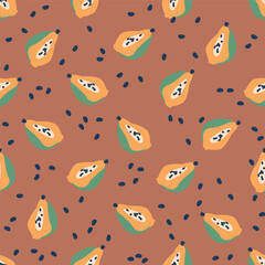 Vibrant Seamless Pattern, Featuring Cute Ripe Papayas with Seeds Against Brown Background, Vector Illustration