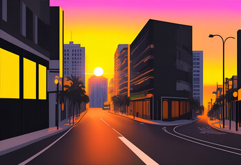Miami street colorful hues highly detailed flat design. City skyscrapers, urban background.