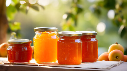 Peach jam in a glass jar, fruits, homemade jam, garden background, farm, organic product, breakfast, peaches, fruits and nature, leaves and flowers