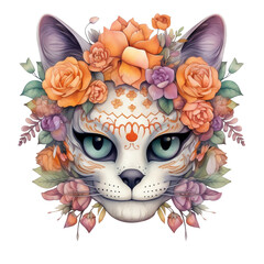 Fantasy Cat Watercolor Clipart, Day of the Dead Cat Illustration, Dia de los Muertos Clipart, Halloween decoration, made with generative AI