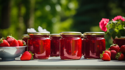 Strawberry jam in a glass jar, fruits, homemade jam, garden background, farm, organic product, breakfast, strawberries, fruits and nature, leaves and flowers