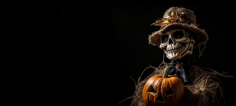Halloween scarecrow witch with a skeleton on a black background with copyspace, Halloween background for marketing and web banners with space for text,