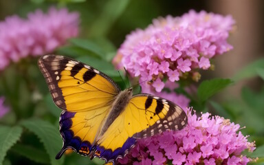 Closeup of beautiful yellow butterfly on blooming purple flower in garden. Generative AI