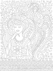 Fototapeta na wymiar coloring book for adults and children. a dreaming girl smiling w