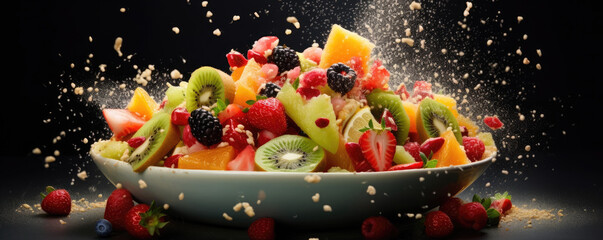 Fototapeta na wymiar Fresh fruits, rapsberries, oranges, kiwis, apples, and grapes - in a splash of water. wide banner
