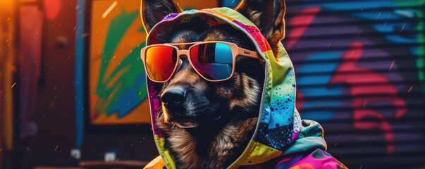 Cool looking  dog wearing funky fashion, tie, glasses. wide banner