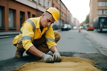 Worker man in yellow cloth fix a road