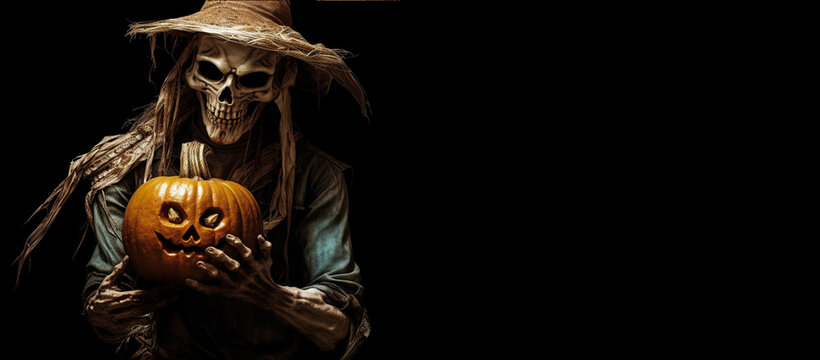 Halloween scarecrow witch with a skeleton on a black background with copyspace, Halloween background for marketing and web banners with space for text,