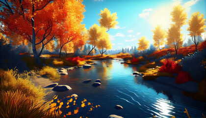 Beautiful autumnal landscape with colorful trees, fall leaves and flowing water, blue sky background with sunshine Ai generated image