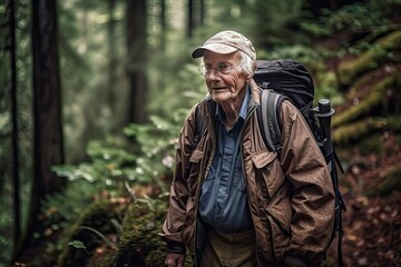 Naklejka na ściany i meble Elder man hiking on forest scenic trail in nature