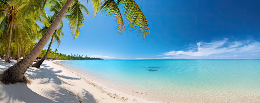 Beautifull summer beach, blue sea water and gold bech with sand and palms.