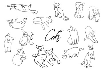 Cats in different poses line art set 