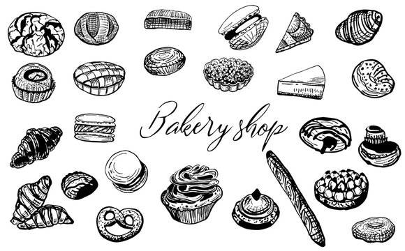 Bakery shop set baguette, cakes, croissant, donuts, muffins, macaroons 