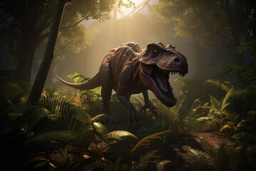 Extremely detailed and realistic illustration of dinosaur, t rex hunting in prehistoric jungle, generative AI	
