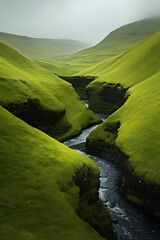 Lush Green Hills with Winding River Cutting through Narrow Canyon in Serene Icelandic Landscape