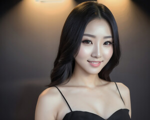 Portrait of asian female beauty girl on black elegant dress black eyes