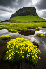 Yellow Wildflowers in Bloom by Reflective Water with Dramatic Green Plateau Mountain under Stormy Sky