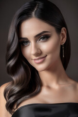 Fototapeta premium Portrait of brunette female beauty girl on black dress green eyes