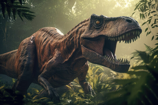 Extremely detailed and realistic illustration of dinosaur, t rex hunting in prehistoric jungle, generative AI	
