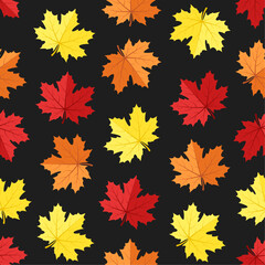 Naklejka na ściany i meble Autumn fall vector seamless pattern. Red, yellow and orange maple leaves on black background. Best for textile, wallpapers, home decoration, wrapping paper, package and web design.