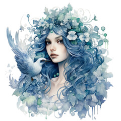 Fantasy Witch Watercolor Clipart, Underwater Witch Illustration, made with generative AI