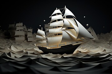 Unique white paper origami ship among black ones