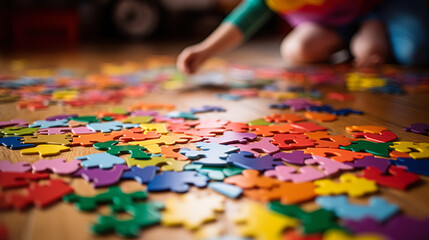 child with autism spectrum play puzzles on a floor, mental disorder generative ai - Powered by Adobe